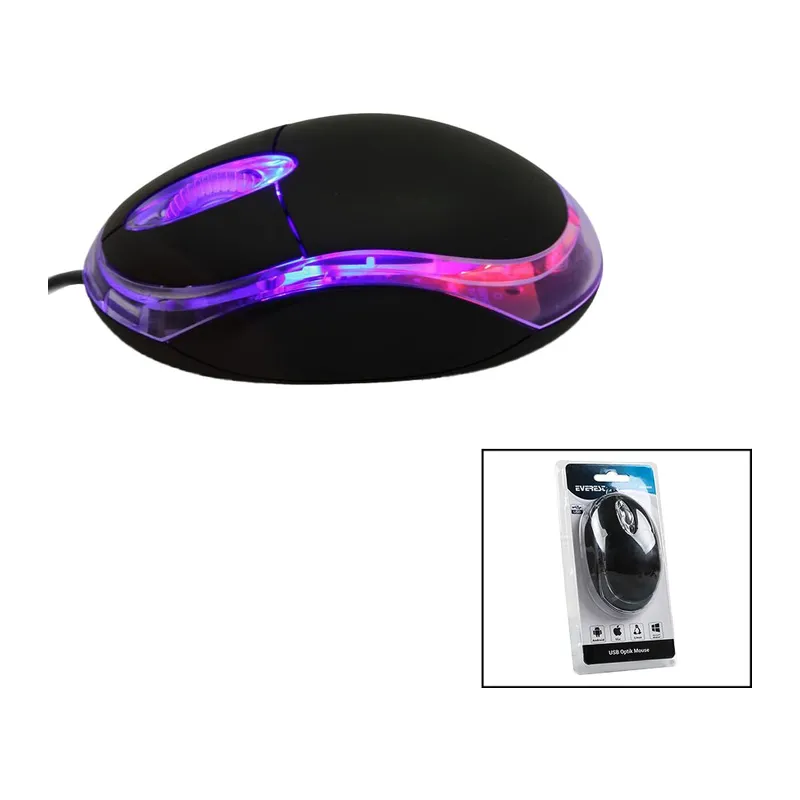 Everest KM-6809 Kablolu Usb - Işıklı Siyah Optik Mouse 1200 Dpı Vakumlu Ambalaj 110CM Kablo