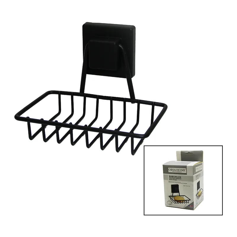Siyah - Metal Katı Sabunluk Kare Güçlü Yapışkanlı 11X12.5X11CM