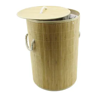 Yuvarlak Bambu Ahşap Kirli Çamaşır Sepeti 35X60CM Seyyar Kapaklı İçi Bezli İp Kulplu