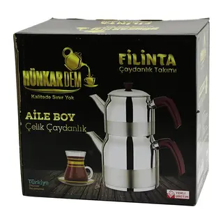 Filinta Aile Boy Çelik Çaydanlık Seti Çift Kapaklı Renkli Bakalit Kulp Üst Demlik: 1.5LT - Alt Suluk: 3LT Kendinden Süzgeçli