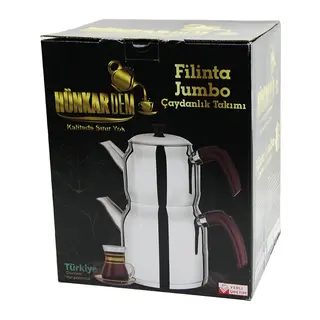 Filinta Jumbo Boy Çelik Çaydanlık Seti Çift Kapaklı Renkli Bakalit Kulp Üst Demlik: 2LT - Alt Suluk: 4LT Kendinden Süzgeçli