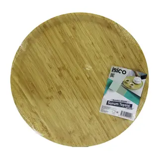 YUVARLAK=38CM Ahşap Bambu Servis Sunum Tepsi - Tahtası