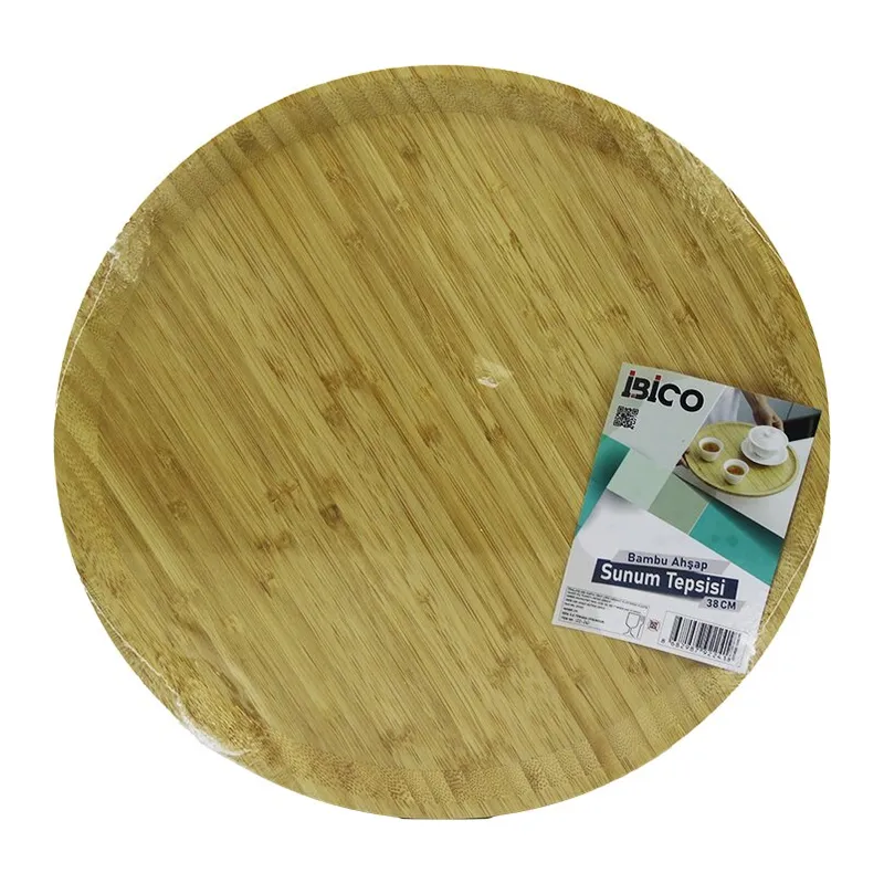 YUVARLAK=38CM Ahşap Bambu Servis Sunum Tepsi - Tahtası