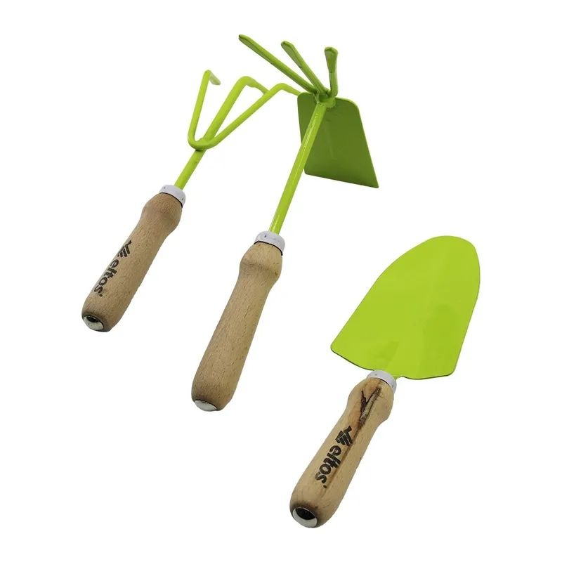 Eltos EBS-003 3PCS Bahçe Hobi Seti Renkli Metal Çift Başlı Çapa - 3 Dişli Tırmık - Kürek Ahşap Saplı