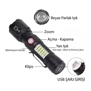 WS-2828 Ultra USB Şarjlı Polis El Feneri, Bekçi, Asker El Feneri Kırmızı Mavi Çakarlı 1000 Lümen