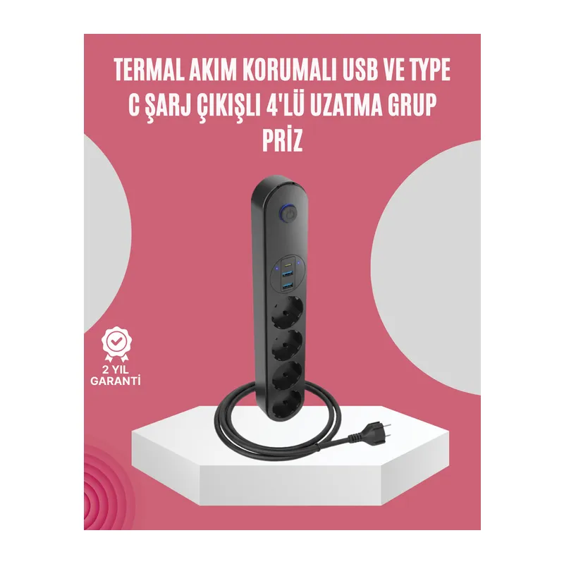 Led Anahtarlı Akım Korumalı Çoklu Priz 4 Priz 3 USB Girişli