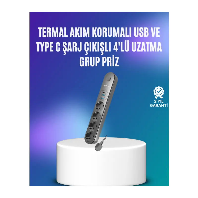 4’lü Çoklu Priz 2 USB Type-C Girişli Akım Korumalı Siyah