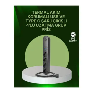 4 Priz 2 USB 1 Type-C Akım Korumalı Çoklu Priz Led Anahtarlı