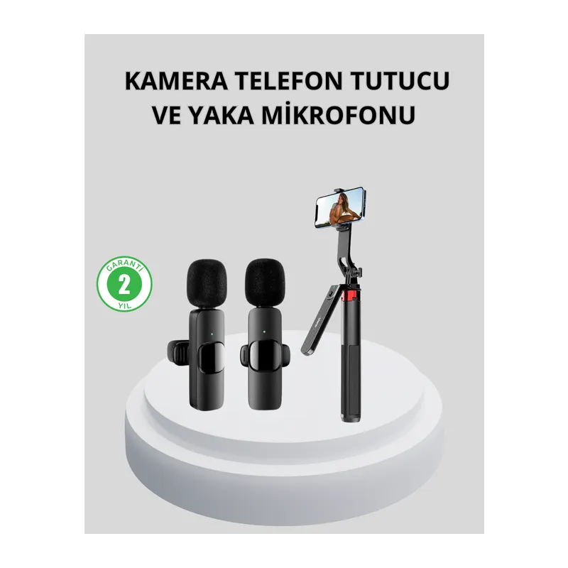 Kablosuz Çift Yaka Mikrofonu ve Tripodlu Selfie Çubuğu İçerik Üretici Seti