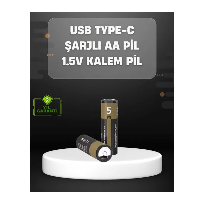 USB Type-C Girişli Şarjlı AA Lityum Pil | 1.5V Sabit Çıkış | 3200mWh (2'li Paket)