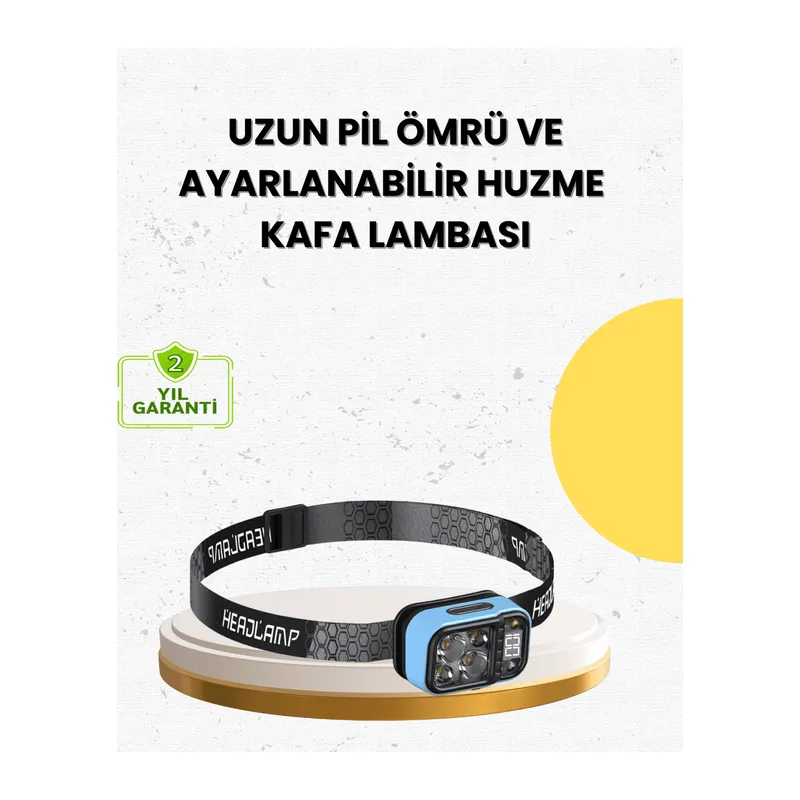 Üç Renkli LED Kafa Feneri 53 Mod Güç Göstergeli Type C Şarjlı
