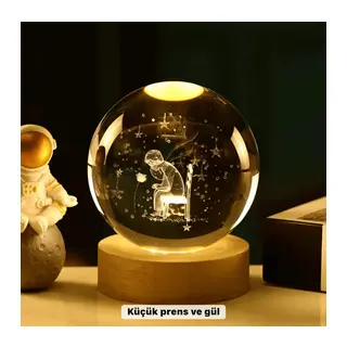 Küçük Prens Temalı Büyük Boy Işıklı Cam Küre Ahşap Stand