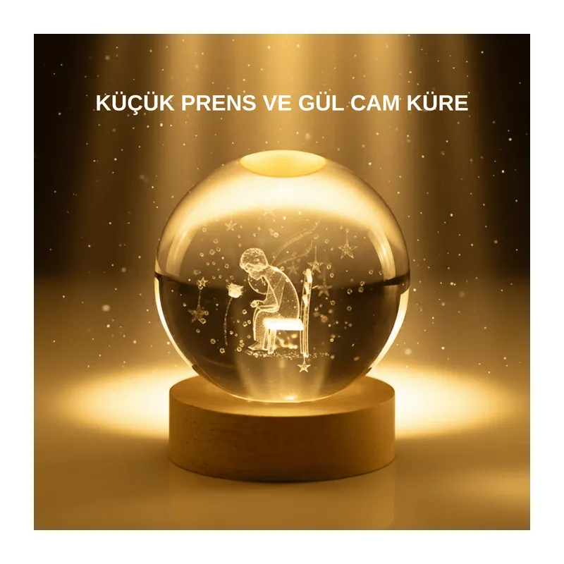 Küçük Prens Cam Küre USB Işıklı Ahşap Standlı Büyük Boy