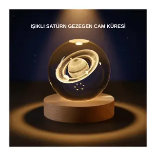 Satürn Desenli Kristal Küre LED Gece Lambası Ahşap Standlı