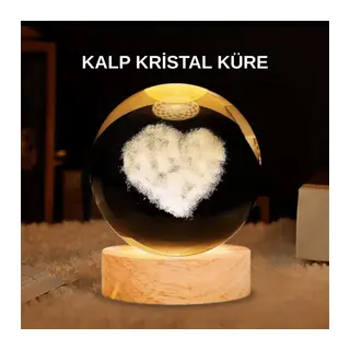 LED Işıklı Kalp Desenli Cam Küre Büyük Boy Ahşap Tabanlı