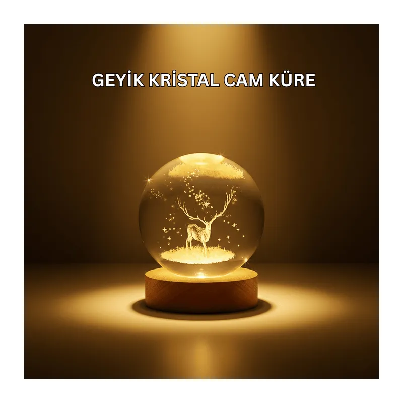 USB Bağlantılı Geyik Temalı Kristal Küre Premium Masa Gece Lambası