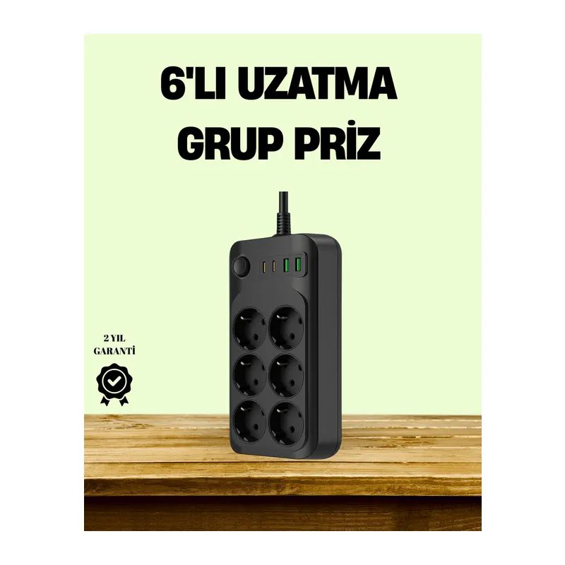 2500W Güçlü 6’lı Priz USB ve Type-C Çıkışlı Termal Korumalı