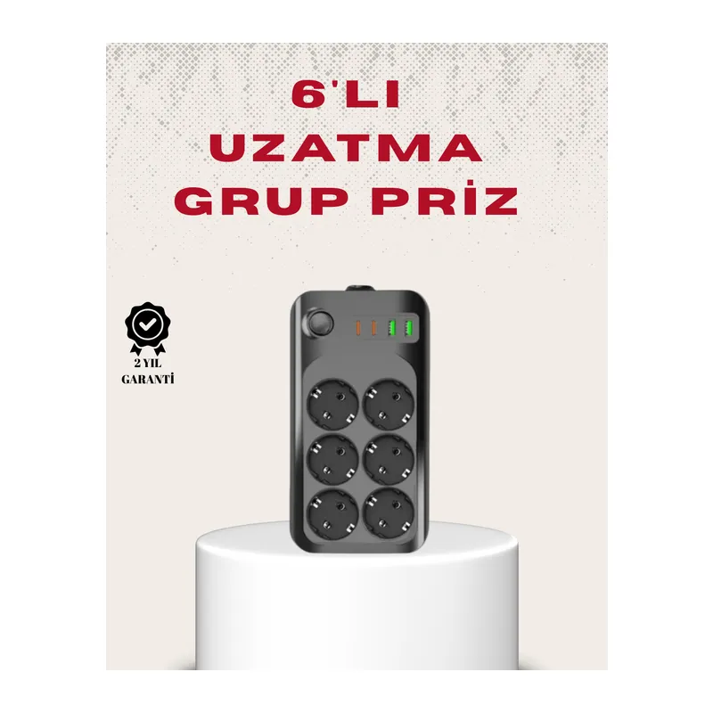 6’lı Grup Priz Termal Korumalı USB Type-C Çoklu Priz 2 Metre Kablo