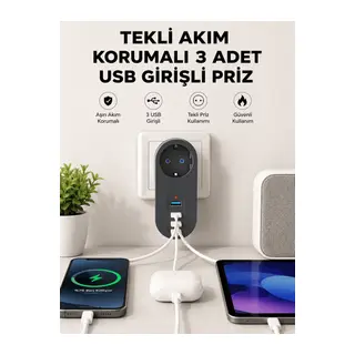 Isıya Dayanıklı 3 USB Portlu Güvenlikli Priz – Akıllı Enerji Yönetimi