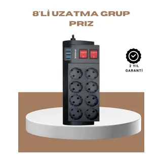 Güçlü Termal Korumalı 8 Priz + 3 USB Çoklu Uzatma Kablosu 2m