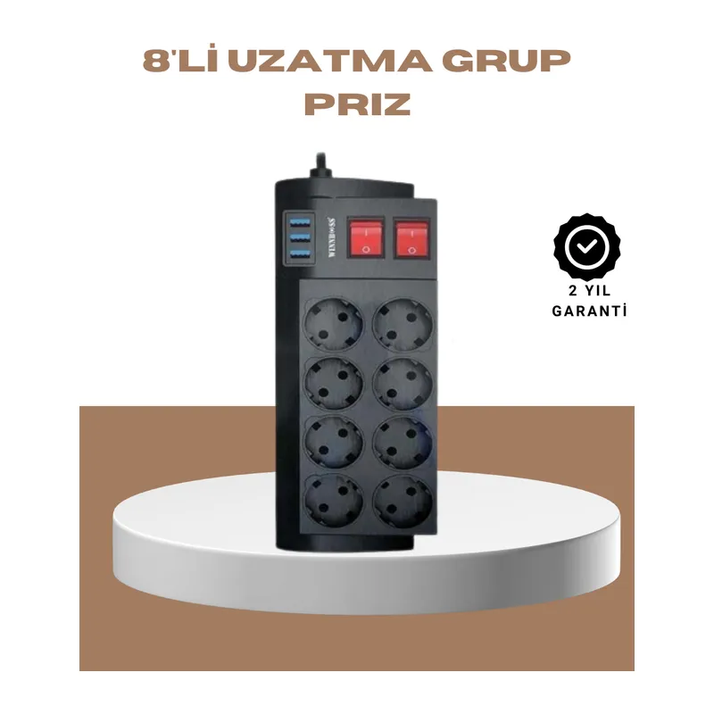 Güçlü Termal Korumalı 8 Priz + 3 USB Çoklu Uzatma Kablosu 2m