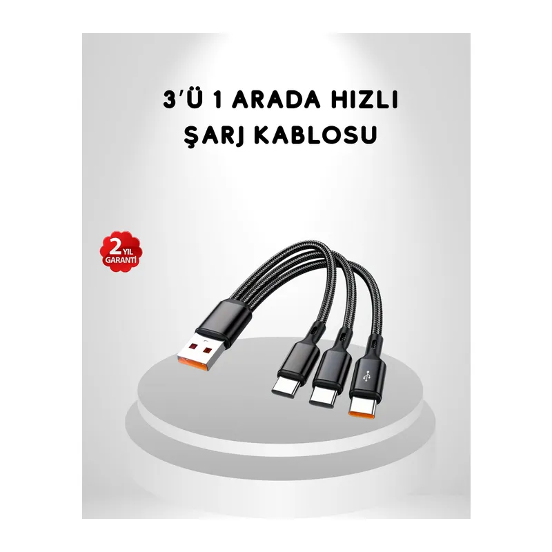 3’ü 1 Arada Hızlı Şarj Kablosu iOS Android Type-C Uyumlu ve Dayanıklı
