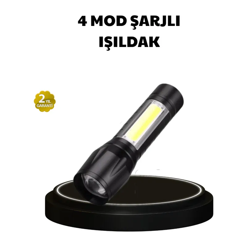4 Mod Şarjlı Işıldak | Ultra Güçlü Cree LED | Su Geçirmez Alüminyum Gövde