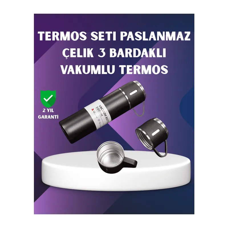 Paslanmaz Termos ve İkili Bardak Seti | 6-12 Saat Sıcak/Soğuk Tutma