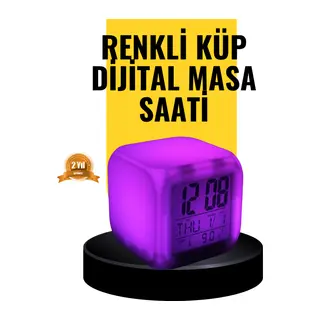 7 Renk LED Işıklı Alarmlı Dijital Küp Masa Saati Termometreli