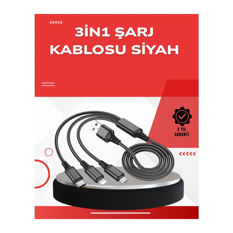 Dayanıklı Metal Başlıklı 3’ü 1 Arada Şarj Kablosu – Tüm Cihazlarla Uyumlu