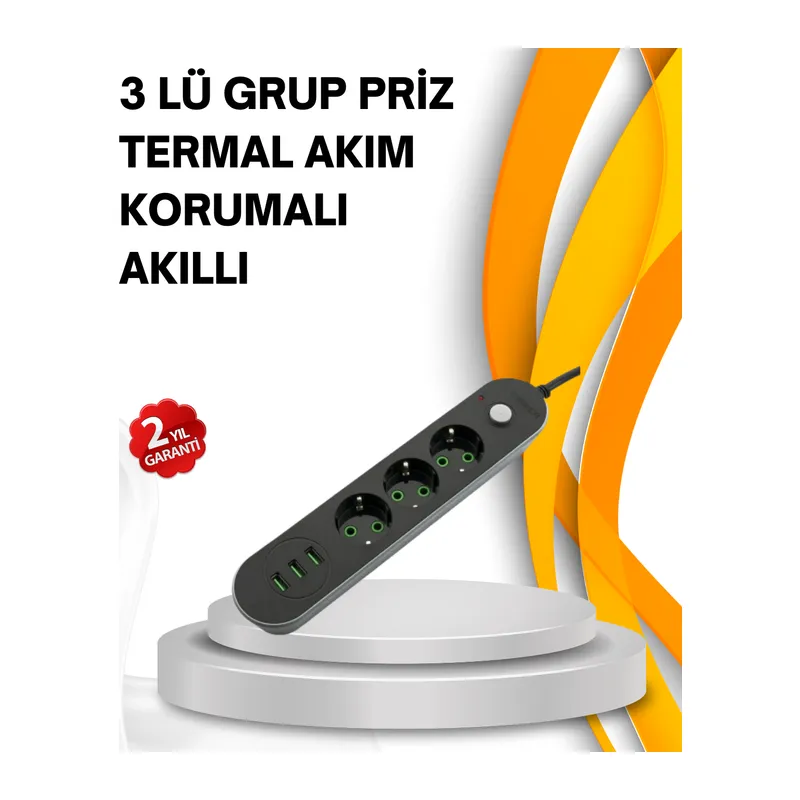 Hızlı Şarj Özellikli 3 USB Girişli Üçlü Priz