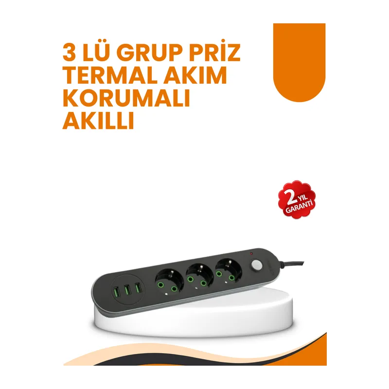 2 Metre Kablolu 3 USB Portlu Anahtarlı Üçlü Priz