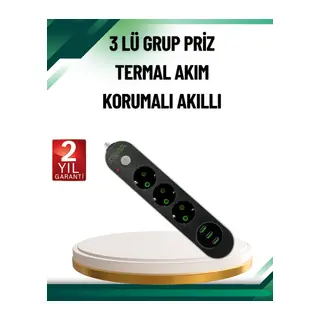 Akım Korumalı Anahtarlı USB Girişli Üçlü Priz