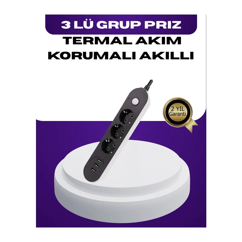 USB Yuvalı Anahtarlı Üçlü Priz 2 Metre Kablolu