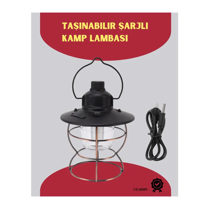USB Şarjlı Retro LED Kamp Feneri – 4 Işık Modu, Su Geçirmez, Taşınabilir