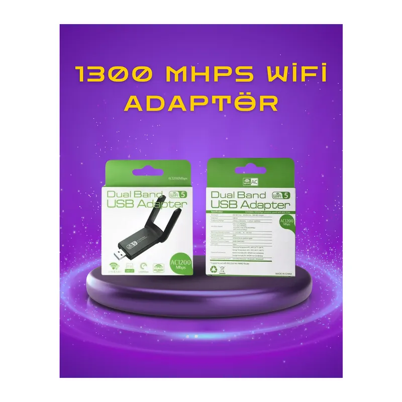 Yüksek Hızlı 1200 Mbps Çift Bant USB WiFi Adaptör – Güçlü Sinyal, Geniş Uyumluluk