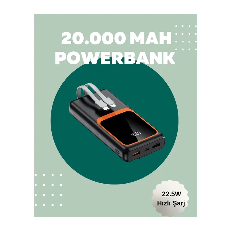Dijital Ekranlı 20.000 mAh Powerbank | 22.5W Hızlı Şarj + Çoklu Bağlantı Seçeneği