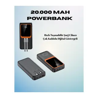 20000 mAh Powerbank | Çok Kablolu, Dijital Göstergeli, Yüksek Hızlı Şarj Cihazı