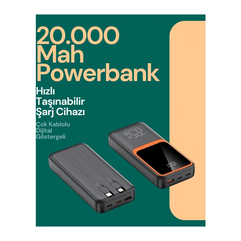 Taşınabilir Şarj Cihazı 20000 mAh | 22.5W Hızlı Şarj + Dijital Ekran + Kablo Dahil