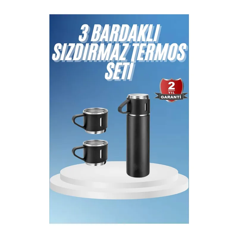 Termos Paslanmaz Çelik Termos Siyah Renk 3 Bardaklı Termos Seti