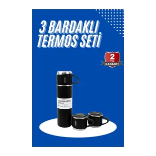 Termos Seti 3'lü Bardak Seti Isı Dayanıklı Siyah Paslanmaz Çelik Vakumlu
