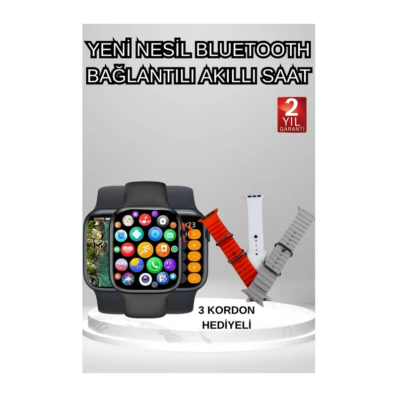 Akıllı Saat Arama Görüşme Bildirim Görme Uyku ve Sağlık Takibi Nabız Ölçer 3 Kordon Hediyeli
