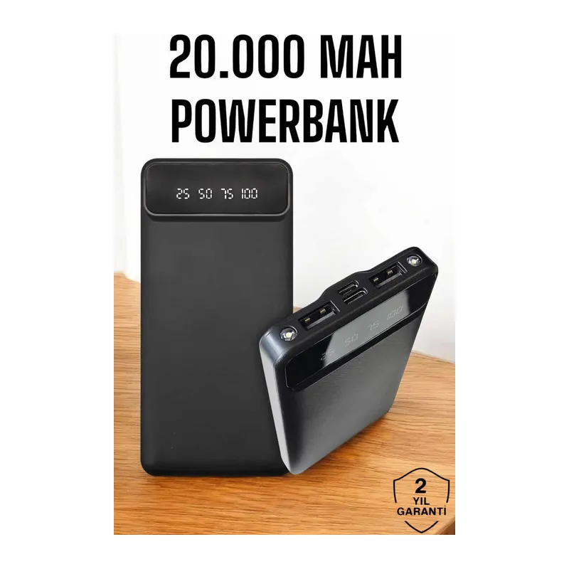 20.000 Mah Led Işıklı LCD Ekran USB Girişli Type-C Lightning Powerbank