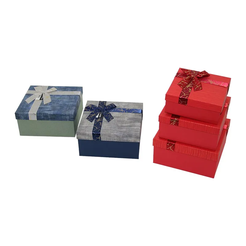 3PCS Kare Çizgili Mix Renkli Karton Hediye Kutusu Kurdelalı 19-17-15CM