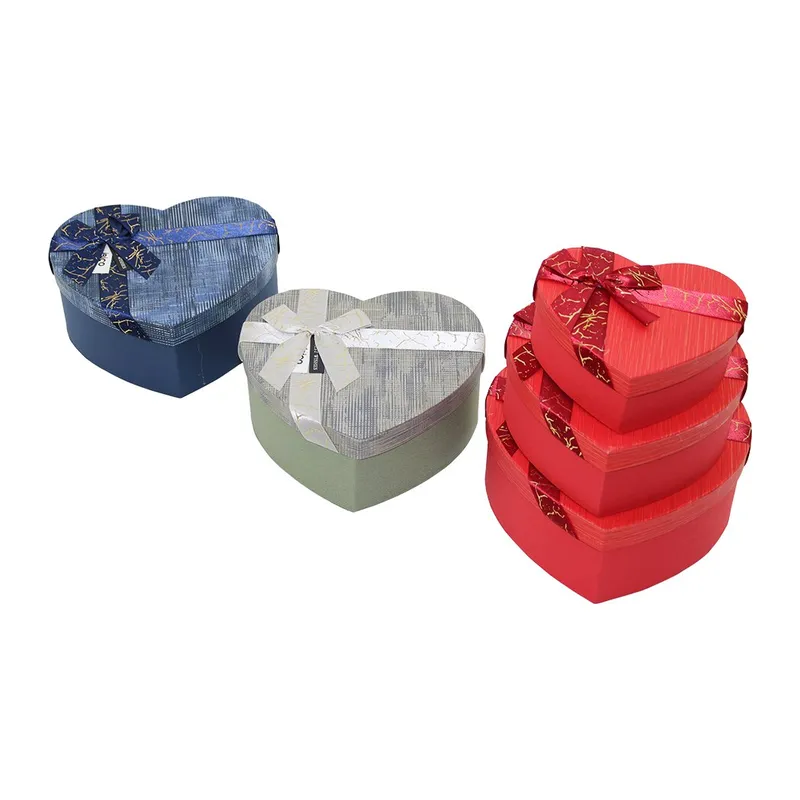 3PCS Kalp Çizgili Mix Renkli - Kabartma Desen Karton Hediye Kutusu Kurdelalı 22X20-19X17-16X14CM