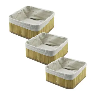 3 Boy Kare Bambu Kenar Organizer Sepet Ahşap Altlık - Bezli 17X17-21X21-26X26CM