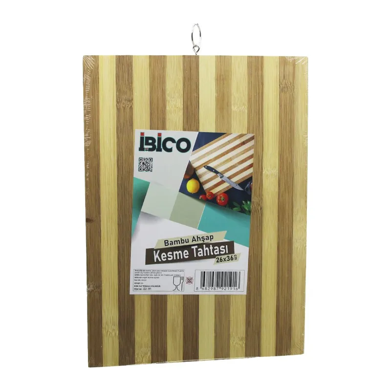 Beyaz Çizgili Ahşap Bambu Kesim Panosu - Kesme Tahtası Metal Kulplu 26 X 36 X 1.4CM
