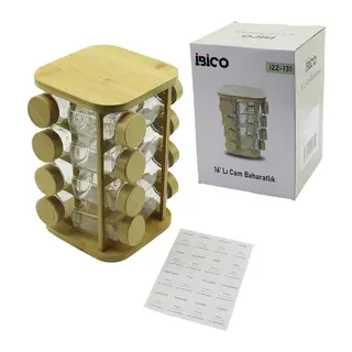 16PCS Kare - Döner Standlı Cam - Bambu Kapak Tuzluk - Baharatlık Bambu Stand