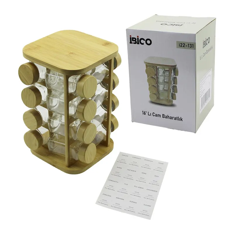 16PCS Kare - Döner Standlı Cam - Bambu Kapak Tuzluk - Baharatlık Bambu Stand