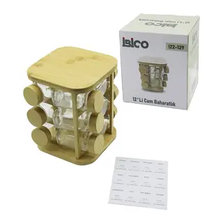 12PCS Kare Döner Standlı Cam - Bambu Kapak Tuzluk - Baharatlık Bambu Stand